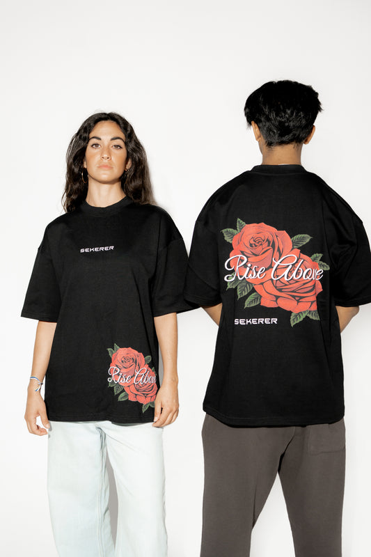 Male and female models wearing Ascend Rose oversized black streetwear t-shirt front and back view