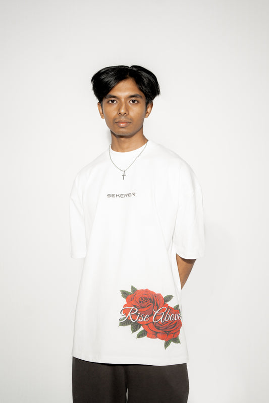 Male model wearing Ascend Rose oversized white streetwear t-shirt front view